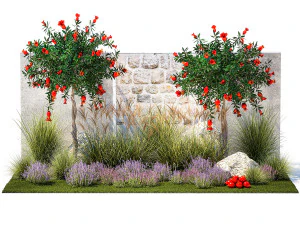 Garden with lavender and flowering pomegranate trees 1393 3D Model