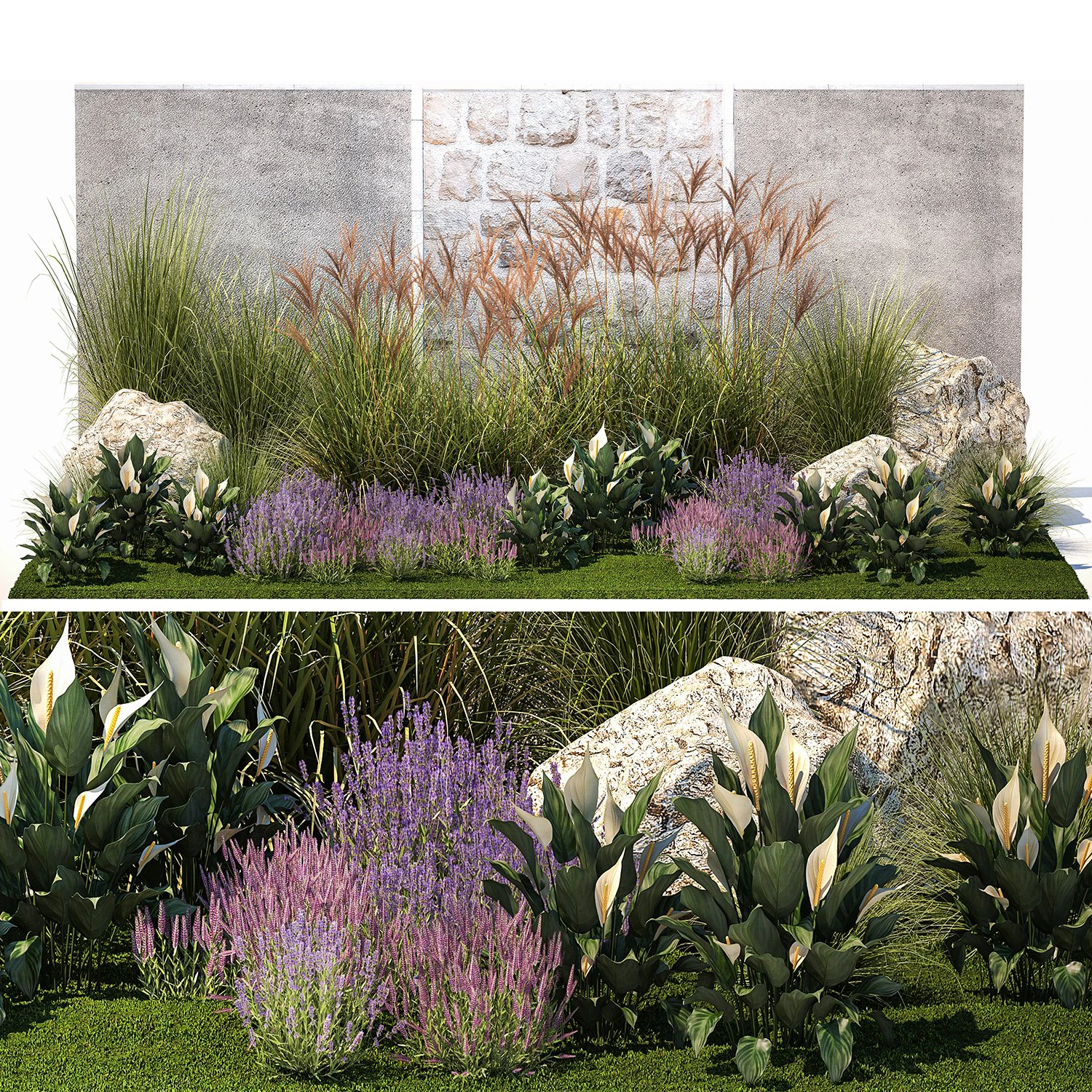 Garden with lavender bushes Spathiphyllum Miscanthus 1397 3D Model .c4d .max .obj .3ds .fbx .stl .blend 