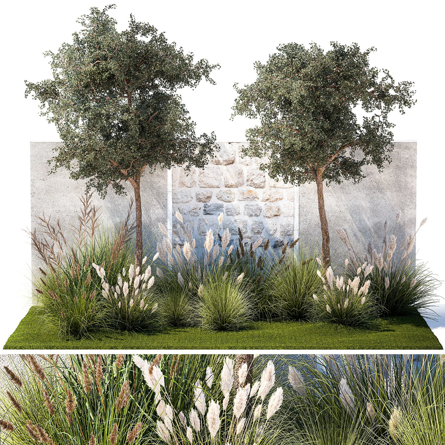 Garden With Large Trees And Feather Grass Bushes 1404 3D Model .c4d .max .obj .3ds .fbx .stl .blend 