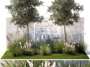 Garden With Large Trees And Feather Grass Bushes 1404 Modelo 3D