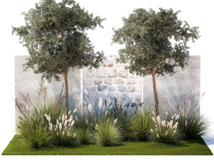 Garden With Large Trees And Feather Grass Bushes 1404 3D Model