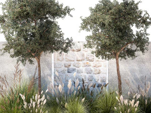Garden With Large Trees And Feather Grass Bushes 1404 3D Model