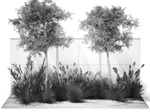 Garden With Large Trees And Feather Grass Bushes 1404 3D Model