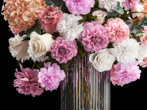 Beautiful bouquet in glass vase rose peonies hydrangea 297 3D Model