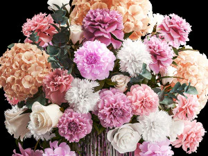 Beautiful bouquet in glass vase rose peonies hydrangea 297 3D Model