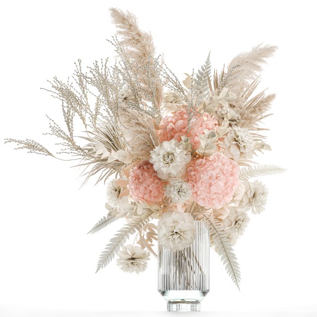 Lush bouquet of dried flowers in a pink vase Hydrangea pampas 3Dモデル .c4d .max .obj .3ds .fbx .stl .blend 
