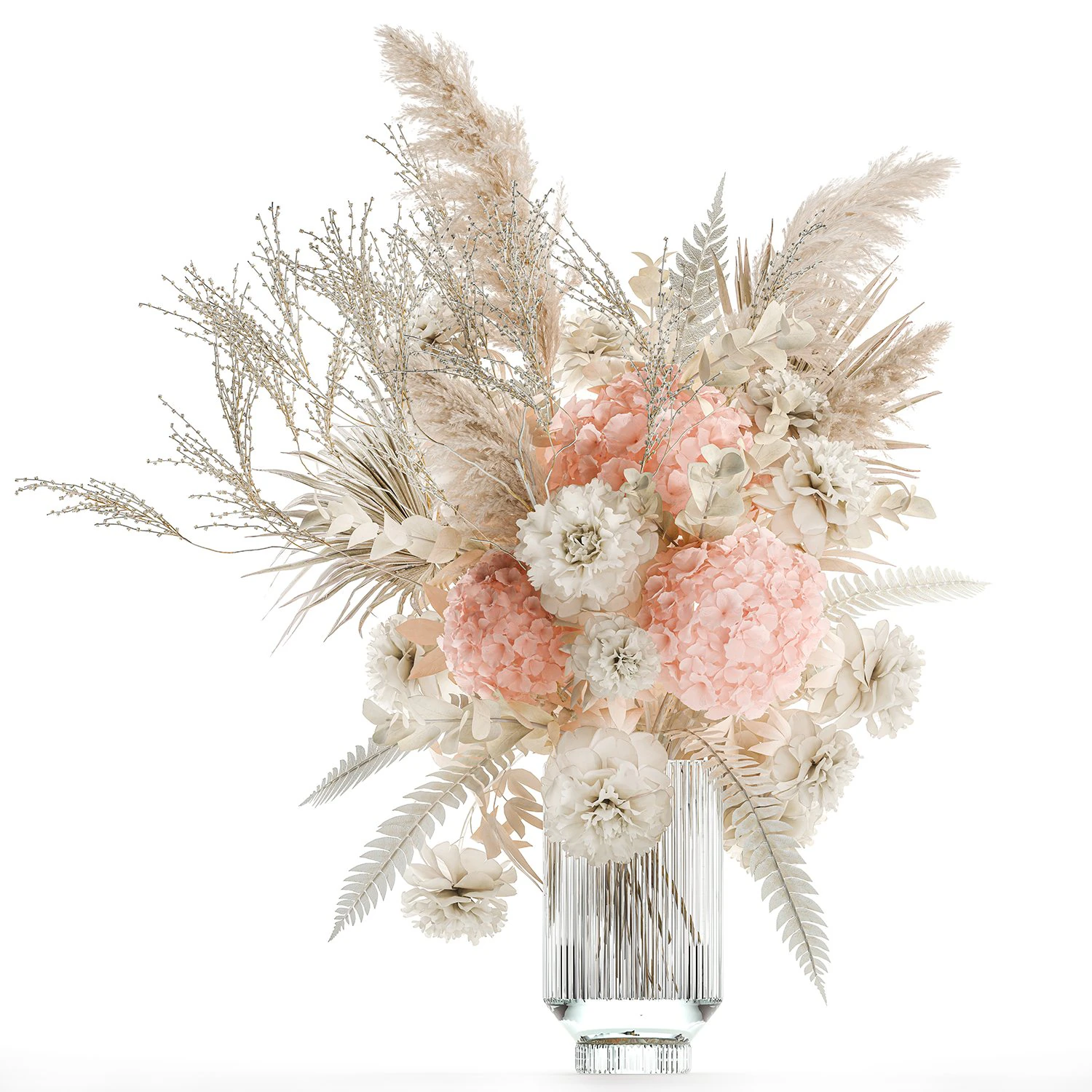 Exuberante buqu&ecirc; de flores secas em um vaso rosa Hydrangea pampas Modelo 3D .c4d .max .obj .3ds .fbx .stl .blend 
