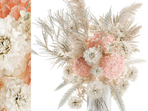 Exuberante buqu&ecirc; de flores secas em um vaso rosa Hydrangea pampas Modelo 3D