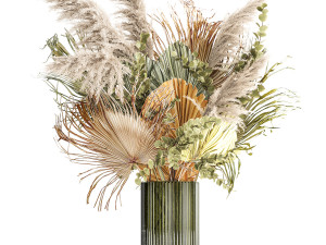 Bouquet Of Dried Flowers Vase Palm Leaf Pampas 302 3D Модель
