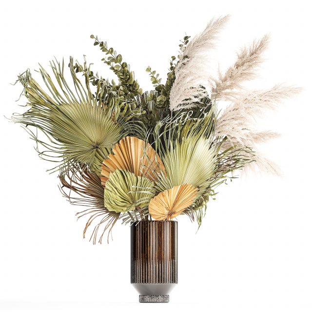 Bouquet of dried flowers vase glass palm leaf branch pampas 304 3D Модель .c4d .max .obj .3ds .fbx .stl .blend 