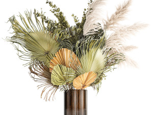 Bouquet of dried flowers vase glass palm leaf branch pampas 304 3D मॉडल
