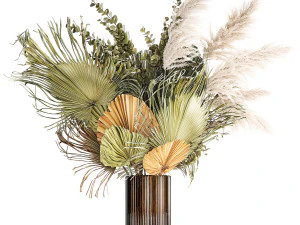 Trockenblumenstrau&szlig; Vase Glas Palmblattzweig Pampas 304 3D Modell