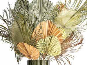 Bouquet of dried flowers vase glass palm leaf branch 305 3D Model