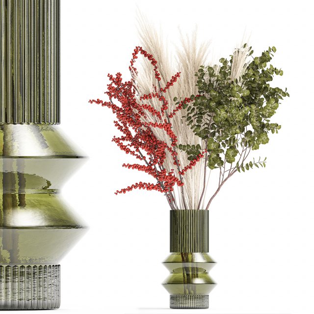 Bouquet of dried flowers vase reed grass branches Red berries 313 3D Model .c4d .max .obj .3ds .fbx .stl .blend 