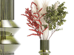 Bouquet of dried flowers vase reed grass branches Red berries 313 3D Model