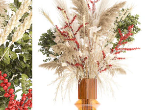 Bouquet of dried flowers vase reed grass branches Red berries 314 3D Model