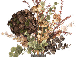 Modern bouquet of dry branches Hydrangea vase Lotus 417 3D Модель