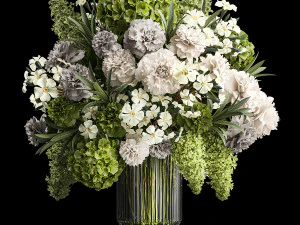 Buket bunga hijau yang khusyuk dalam vas lilac hydrangea 329 Model 3D