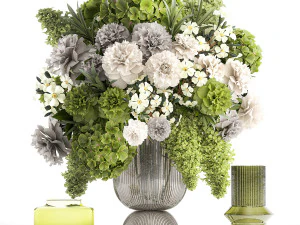 Plechtig boeket groene bloemen vaas lila hortensia 334 3D Model