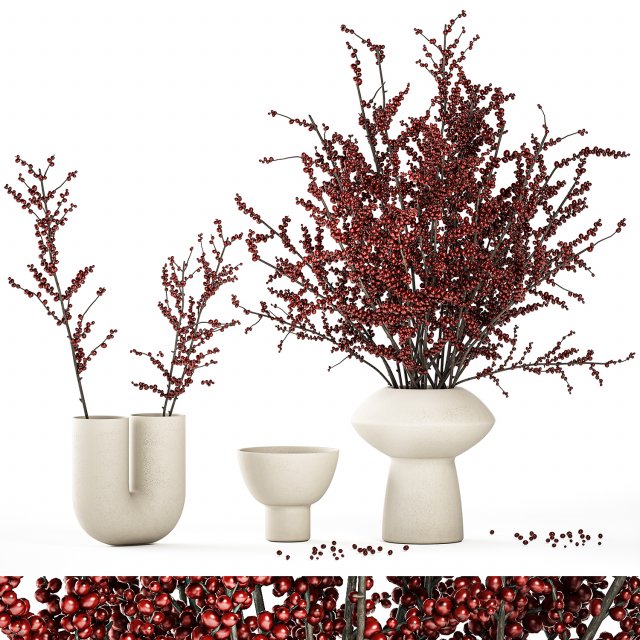Beautiful bouquet of branches with red Ilex berries 341 3D Модель .c4d .max .obj .3ds .fbx .stl .blend 