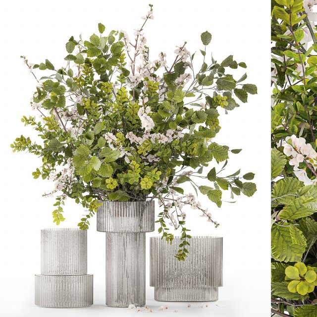 Bouquet of cherry blossom branches with green leaves in a vase 344 3D Model .c4d .max .obj .3ds .fbx .stl .blend 