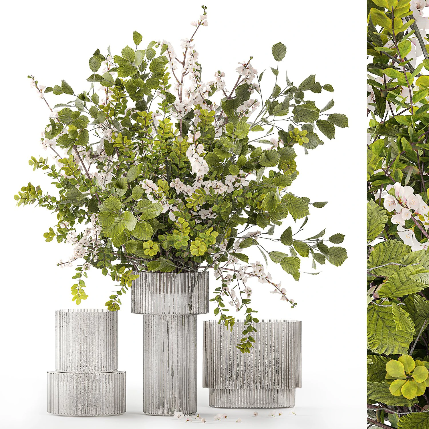 Bouquet of cherry blossom branches with green leaves in a vase 344 3D Model .c4d .max .obj .3ds .fbx .stl .blend