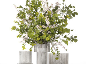 Bouquet of cherry blossom branches with green leaves in a vase 344 3D Model