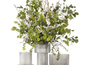 Bouquet of cherry blossom branches with green leaves in a vase 344 3D Model