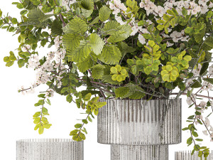Bouquet of cherry blossom branches with green leaves in a vase 344 3D Model