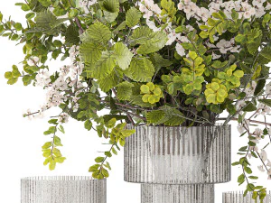 Bouquet of cherry blossom branches with green leaves in a vase 344 3D Model