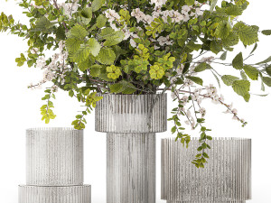 Bouquet of cherry blossom branches with green leaves in a vase 344 3D Model