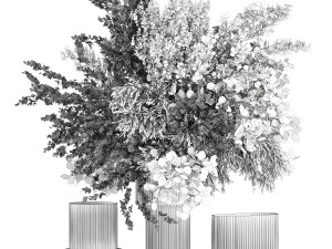 Lush bouquet of cherry blossom branches with sakura leaves 348 3D Модель