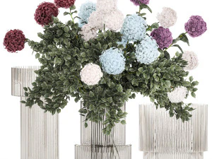 Groot boeket bloemen en groen blauw witte hortensia 354 3D Model