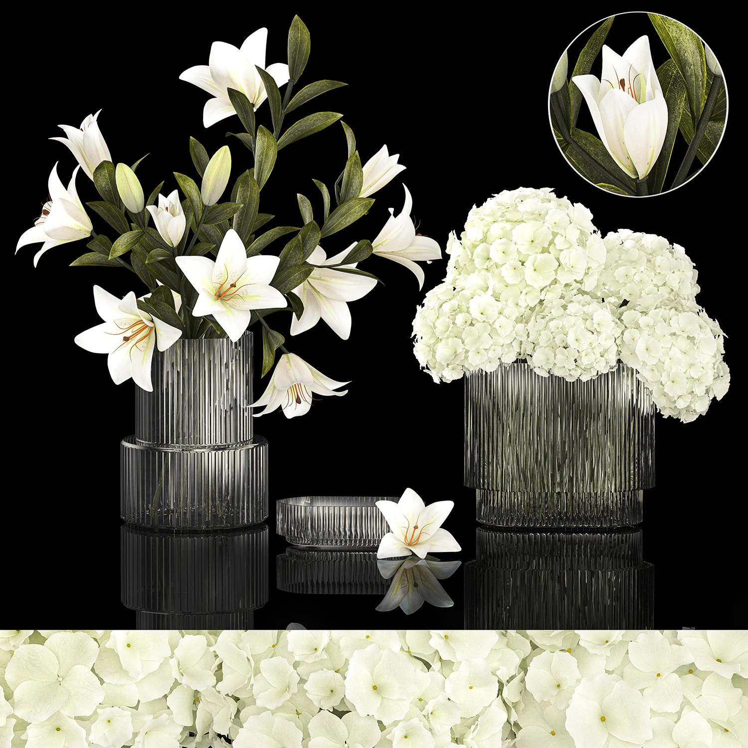 White bouquets of flowers hydrangea lilies glass vase 355 3D Model .c4d .max .obj .3ds .fbx .stl .blend 