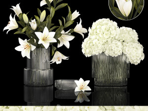 White bouquets of flowers hydrangea lilies glass vase 355 3D Model