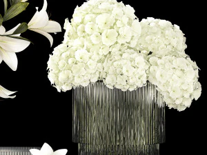 White bouquets of flowers hydrangea lilies glass vase 355 3D Model