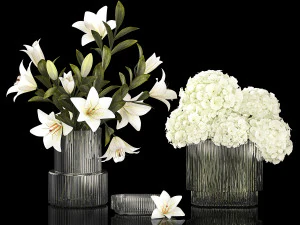 White bouquets of flowers hydrangea lilies glass vase 355 3D Model
