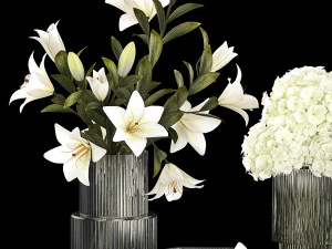 White bouquets of flowers hydrangea lilies glass vase 355 3D Model