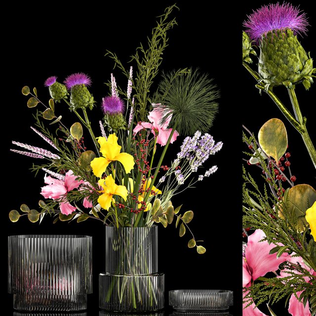 Bouquet of flowers branches thistles irises Ilex Lavender 356 Modelo 3D .c4d .max .obj .3ds .fbx .stl .blend 