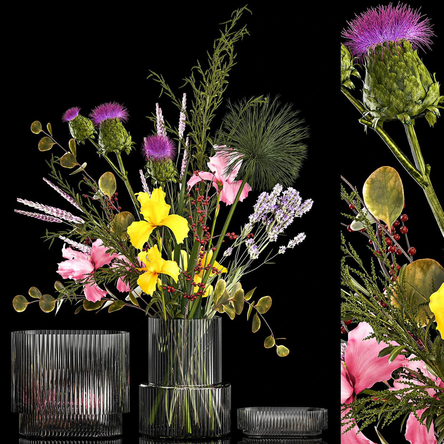 Bouquet of flowers branches thistles irises Ilex Lavender 356 3D Model .c4d .max .obj .3ds .fbx .stl .blend 