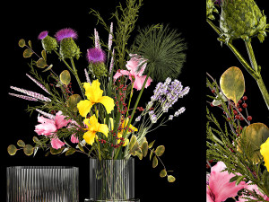 Bouquet of flowers branches thistles irises Ilex Lavender 356 3D Model