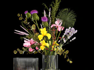 Bouquet of flowers branches thistles irises Ilex Lavender 356 3D Model