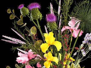 Bouquet of flowers branches thistles irises Ilex Lavender 356 3D Model