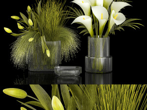 Set of bouquets of green flowers Calla tulip vase 361 3Dモデル