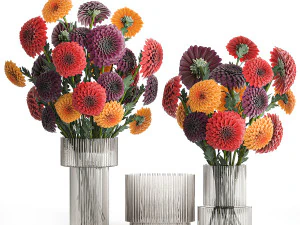Set of bouquets of flowers chrysanthemum Dahlias vase 373 3D Model