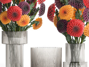 Set of bouquets of flowers chrysanthemum Dahlias vase 373 3D 모델