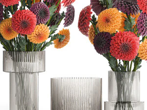 Set of bouquets of flowers chrysanthemum Dahlias vase 373 3D Model