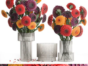 Set of bouquets of flowers chrysanthemum Dahlias vase 373 3D Model