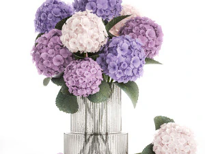 Beautiful bouquets of hydrangea flowers in a glass vase 374 3D Model