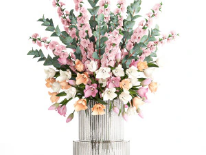 Bouquet of sakura branches with pink tulips flowers 377 3D Model
